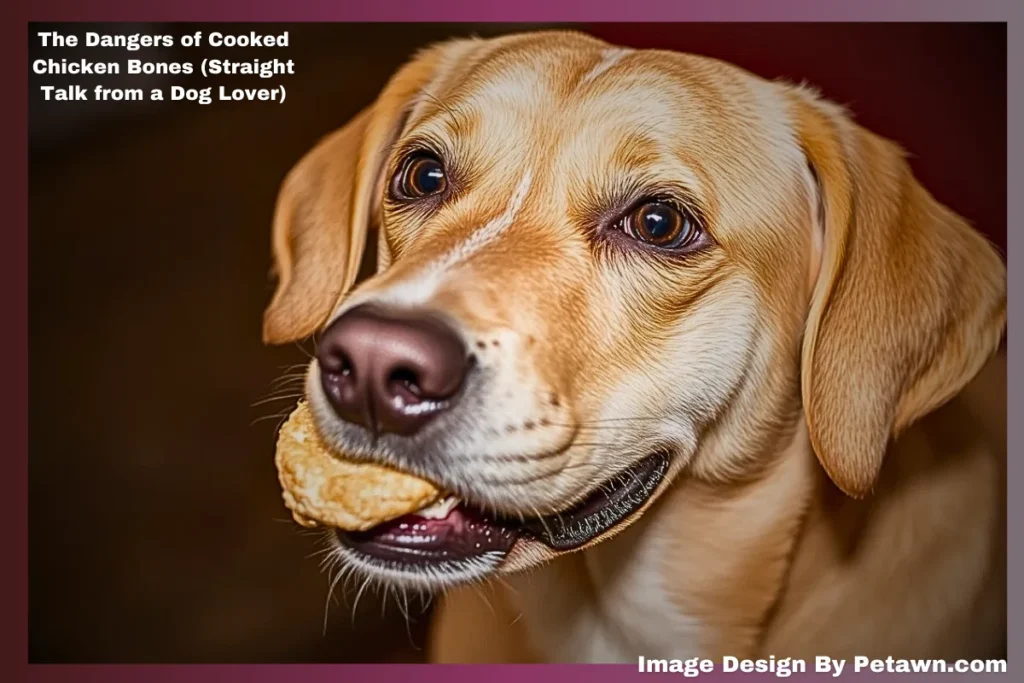 A golden retriever holds a cooked chicken bone in its mouth, with alert eyes. Text warns of the dangers of cooked bones for dogs.