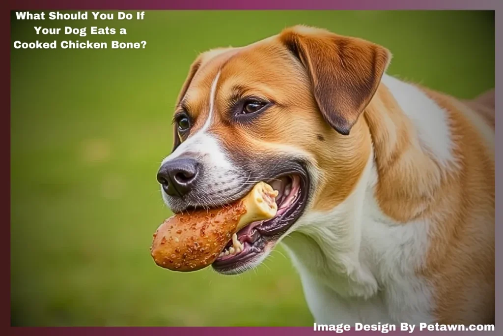Dog holding a cooked chicken bone in its mouth with green grass in the background