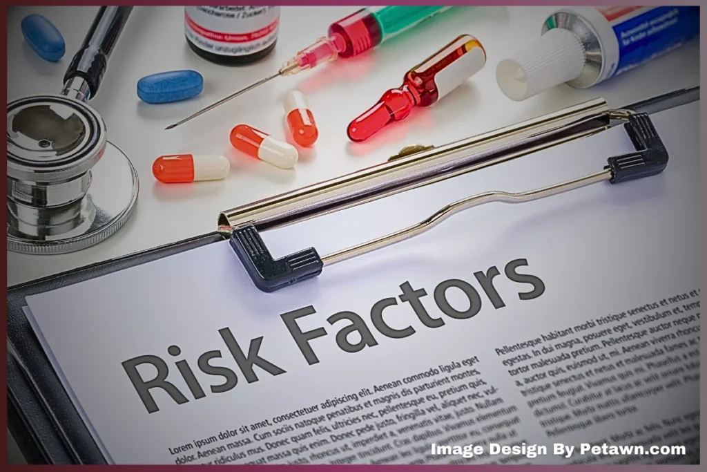 Ear Growth on Dog Lumps: A stethoscope, various pills, syringes, and a clipboard titled "Risk Factors" on a medical-themed tabletop.