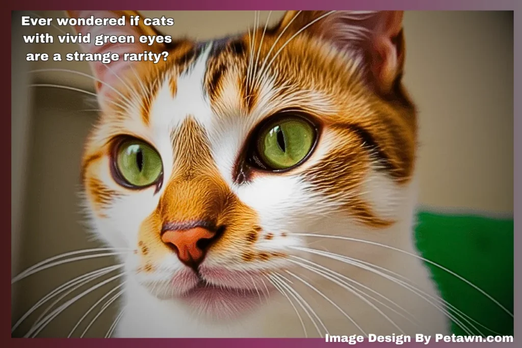 A cat with striking green eyes alongside a quote celebrating the charm and mystery of cats.