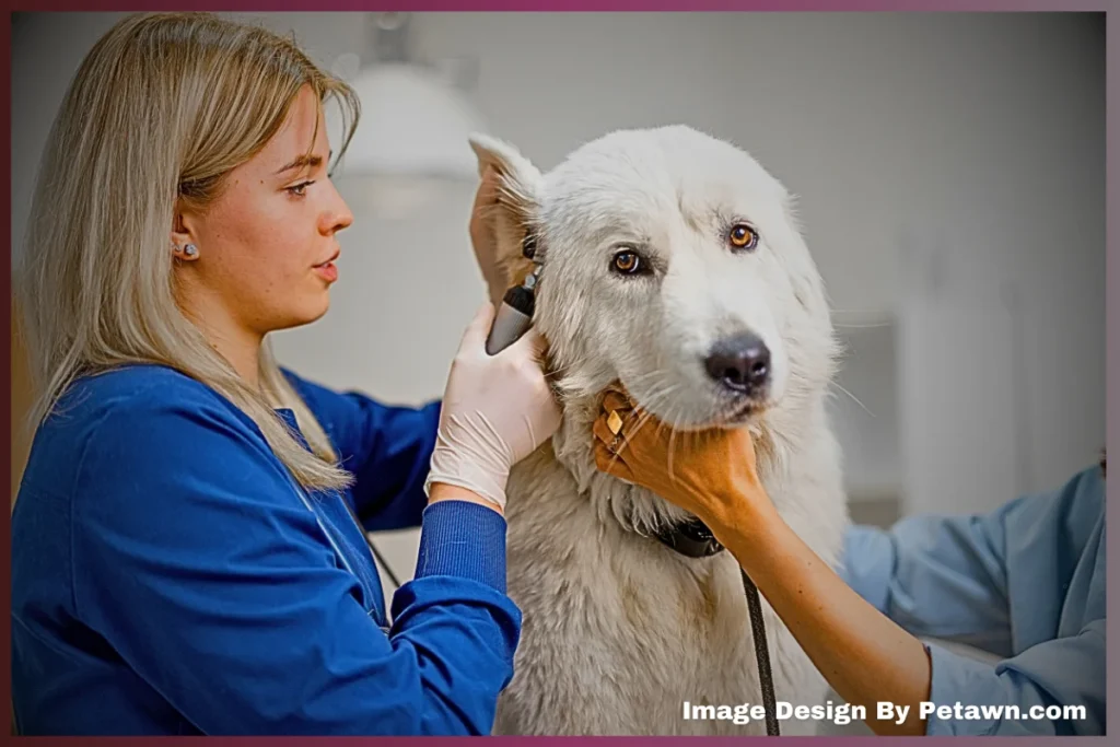 A veterinarian examines a large white dog, using an otoscope to check its ear, with a calm and attentive demeanour